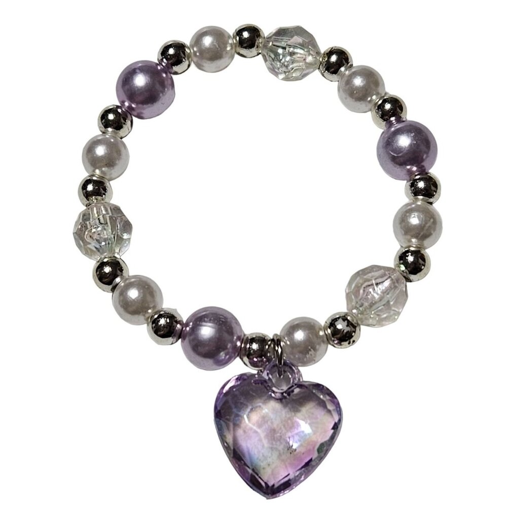 Purple Crystal Heart Charm White Beaded Stretch Bracelet Fashion Jewelry Women